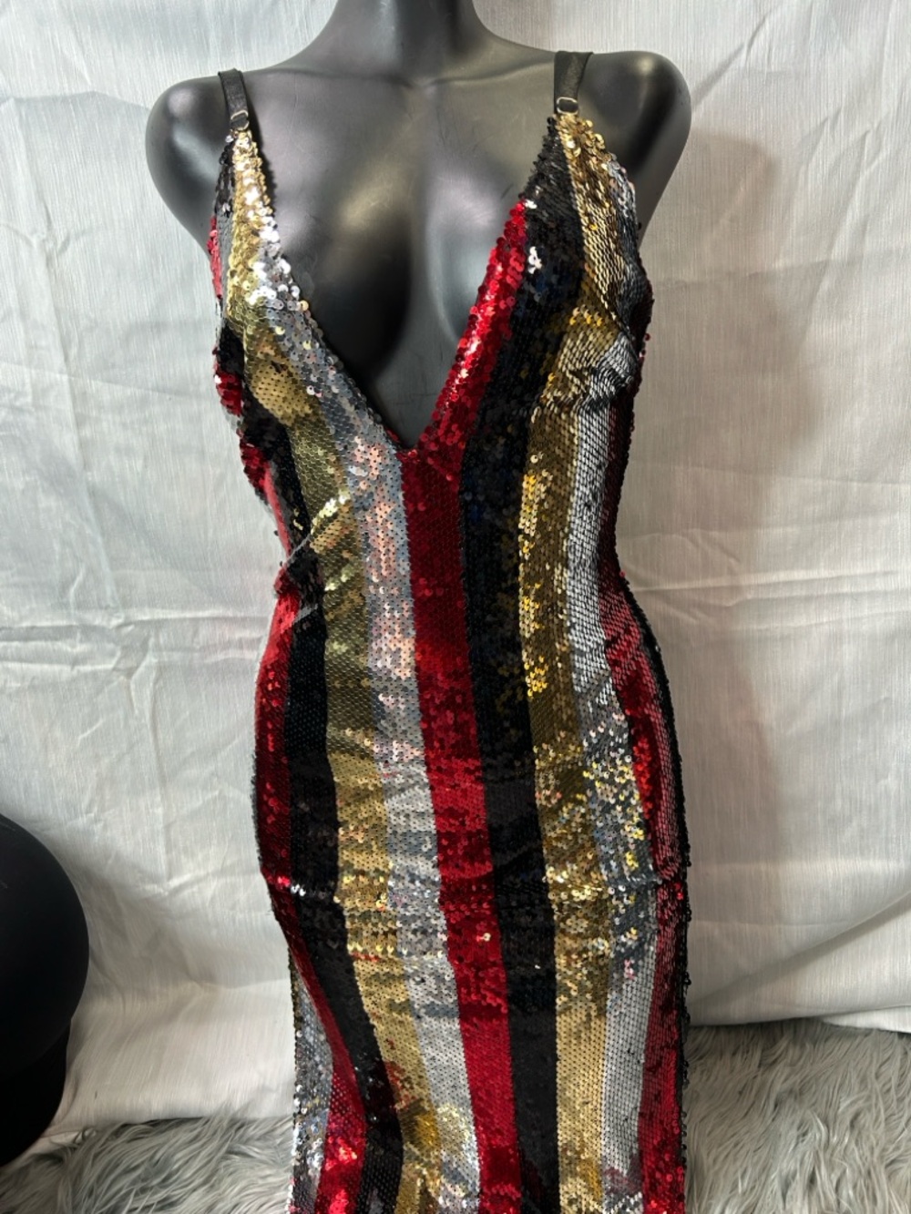Striped Sequin V-Neck Mini Dress in Red, Black & Gold